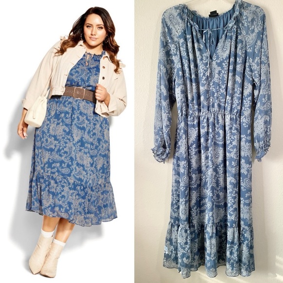 City Chic Dresses & Skirts - CITY CHIC Tiered Paisley Chiffon Dress 18 Floral Midi Work Wedding Cottagecore